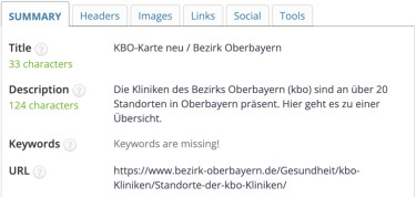 Screenshot Browser-Extension „SEO Meta in 1 Click“ – Seitentitel Bezirk Oberbayern