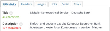 Screenshot Browser-Extension „SEO Meta in 1 Click“ – „Digitaler Kontowechsel-Service“ als Seitentitel