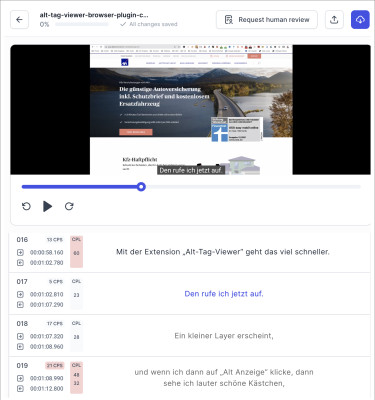 Screenshot Happyscribe Untertitel-Generator: Video-Bild und darunter übersichtlich gegliederte Untertitel mit Zeitangaben