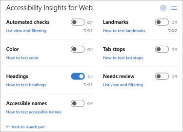 Screenshot: Einstellmenü des Browser-Plugins „Accessibility Insights for Web“ mit ausgewählter Option „Überschriften zeigen“