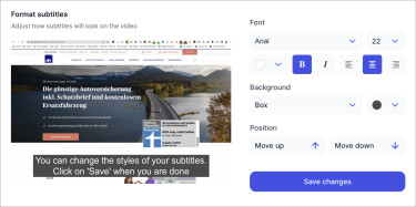 Screenshot Happyscribe: Video mit Subtitel Platzhalter, links, daneben die Optionen zur Formatierung
