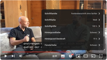 Youtube-Video mit eingeblendeten Einstellungsmöglichkeiten für die Darstellung von Untertiteln